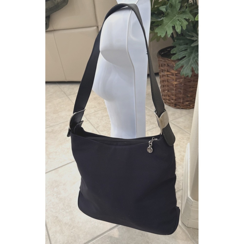 Salvatore Ferragamo Shoulder Bag Purse Nylon & Leather Black Minimalist Carrer**
